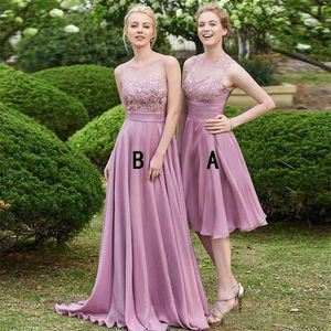 Custom Made Dusty Rose Bridesmaid Dresses Long Chiffon A-Line Sleeveless Keyhole Backless Lace Top Short Wedding Maid Of Honor Gowns