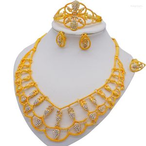 Necklace Earrings Set & Fine Wedding Bridal Crystal African Dubai Gold Color Unique Bracelet Ring Jewellery Costume