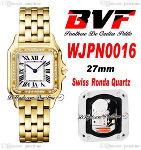 BVF WJPN0016 Swiss Ronda Quartz Ladies Watch 27mm Diamonds Bezel 18K Yelow Gold White Dial Black Romanステンレス鋼ブレスレットレディーススーパーエディションPuretime G7