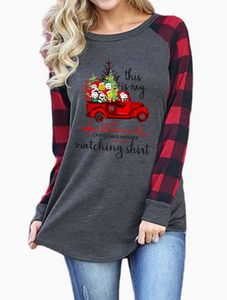 Toptan satış Kadın Tişört Mürettebatı Boyun Ekose Kollu Baskı Uzun Kollu Noel T-Shirt