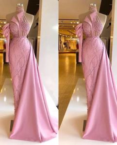 Abito da ballo sexy alla moda in pizzo rosa taglie forti arabo Aso Ebi con perline collo alto da sera formale secondo abito da ricevimento