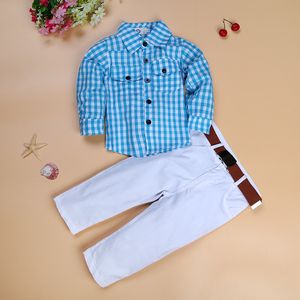 春秋の男の子の服セットキッズボーイズ子供ファッションコットンセット格子縞のシャツホワイトパンツベルト3枚