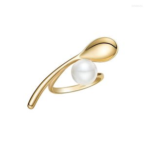 Cluster Rings SLJELY Real S925 Sterling Silver Yellow Gold Color Mini Spoon Pearl Open Ring Adjustable Size Women Fashion Brand Design