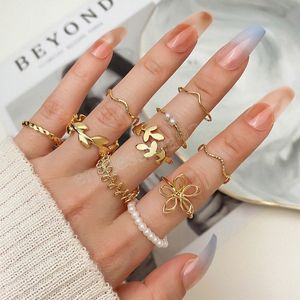 Bohemian Wave Flower Ring Set для женщин винтажный геометрический жемчужный бабочка металлическая цепь кольца модные украшения