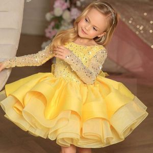 2023 Gold Champagne Flower Girls Dresses Jewel Neck long Sleeves Princess Lace Appliques Crystal Pearls Floor Length Bow tutu Kids Girl Pageant Dress Birthday Gowns
