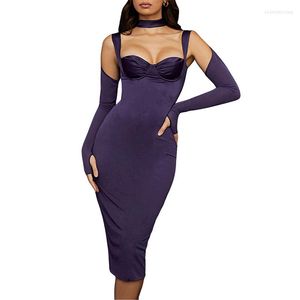 Casual Dresses Women s Sexy Evening Dress Purple Long Sleeve High Neck Low Cut Pleated Chest Skinny