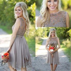 Beach Knee Length Bridesmaid Dresses Chiffon Lace Crew Neck Western Country Summer Cheap Plus Size Formal Party Prom Dresses Evening Gowns