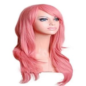 Harajuku Anime Cosplay Wigs Mulheres Senhores Sexy Longo Cabelo Curado Cabelo S￭nt￩tico Pink Perucas Pontas de Halloween Party PeruCas Peruca