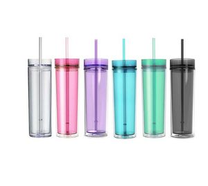 Sea 16oz Skinny Acrylic Tumblers Mixed Colors Plastic Clear Cups Double Wall Portable Easy to Take Transparent Coffee Mugs with Lid and Straw DIY Custom