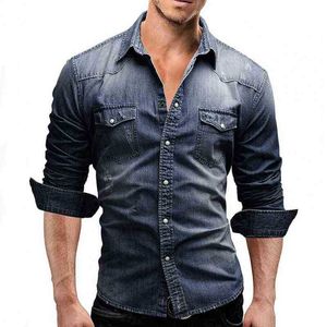 HOT2022 MEN DENIM SHIRT للرجال XXXL الدنيم الصلبة لون القطن الناعم الناعم النحيف صدر واحد الخريف قميص رعاة البقر من الذكور للارتداء اليومي G220511