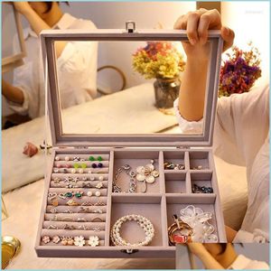 Jewelry Pouches Bags Jewelry Pouches Bags Veet Gray Carrying Case With Glass Er Ring Display Box Tray Holder Storage Organizer Earr Dhdbm