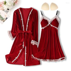 Women's Sleepwear Spring Velour 2PCS Robe Gown Sets Womens Nighty Bathrobe Nightgown Sleep Suit Lace Kimono Chest Pads Nightdress