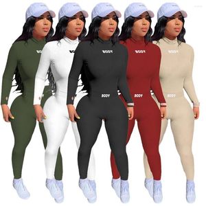 Kvinnors tvåbitar byxor 2 Set kvinnor Ribbed High Collar Pullover Top och Skinny Long Sexy Autumn Sleeve Tracksuit Outfits