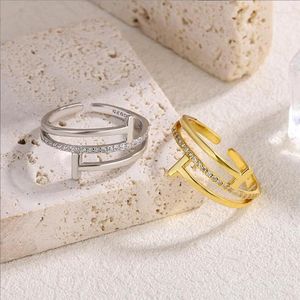 Anéis de casamento 2022 Luz sul-coreana Luxo geométrico Nicho S925 Sterling Silver 18K Diamante amarelo T anel fino de frente aberto