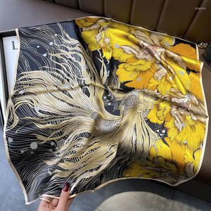 Schals 2022 Goldfisch Pfingstrose Chinesische Retro -Blumen -Seidenschal für Frauen Mulberry 66 cm quadratischer Kerchief Handtasche Riemen
