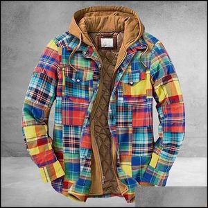 Men'S Jackets Mens Jackets Men Retro Vintage Spring Winter Long Sleeve Plaid Shirt Jacket For Checked Coat Overcoat Hooded Pocket Dr Dhxnj