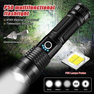 Flashlights facklor 3000 lumen P50 Single ficklampa med USB -kabel 26650 batteriteleskopisk zoom IPX5 USB -laddning utomhus Searchlight Flashlight L221014