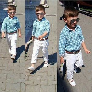 Frühling Herbst Baby Jungen Kleidung Set Gentleman Anzug Kinder Langarm Kariertes Hemd Weiße Hose Gürtel 3 stücke Kinder Outfits