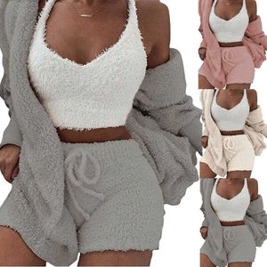 Damen-Schlaflounge, flauschige weiche Pyjama-Sets, Fleece, langärmelig, Nachtwäsche, Plüsch-Kapuzenmantel, Shorts, bequeme Nachtwäsche, 3 Stück, T221017