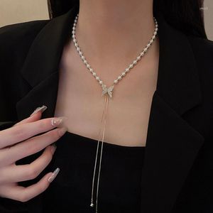 Pendant Necklaces Luxury Fashion Pearl Butterfly Tassel Stainless Steel Necklace For Women Zirconia Choker Female Jewelry Gift