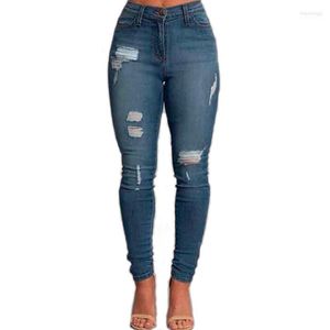 Kvinnors jeans kvinnors kvinnor rippade h￶g midja stretch mager denim byxor bl￥ retro tv￤ttade mode sexig elastisk smal blyertsbyxor
