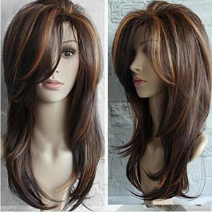 Women Dark Brown Long Straight Partial Bangs Full Wig Heat Resistant Party Hair Shaggy Wavy Curly Sexy Wig