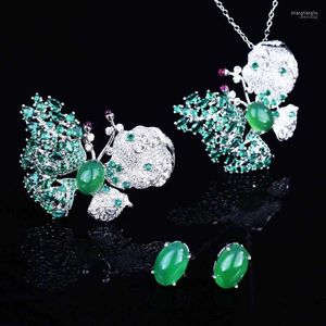 Necklace Earrings Set & 2022 Trend Butterfly Jewelry Luxury Inlay Full Small Zircon Open Ring Oval Retro Green Stone Stud For Women Party
