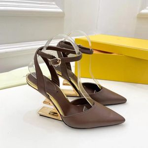 Luxury Designer First Leather Women Sandals Shoes F-shaped High Heeled Open Toe Pumps Gold-Colored Metal Lady Slingback Lady Party Wedding Dres box