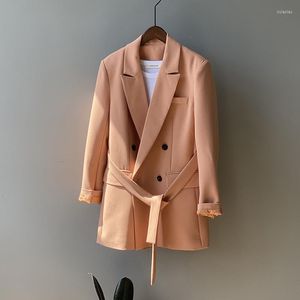 Kadın Suits 2022 Spring Blazer Kemer Casaco Feminino Üstleri ile Yaka Vintage Dönüşü Kadınlar için Zarif Coat Dış Giyim