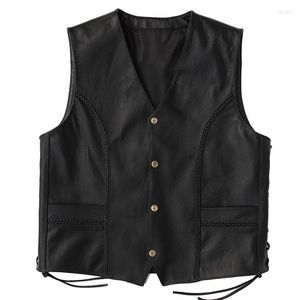 Men's Vests Motorcycle BONJEAN Leather Vest Adjustable Mens Genuine Cowhide Biker Sleeveless Jacket Handmade Thick Waistcoat