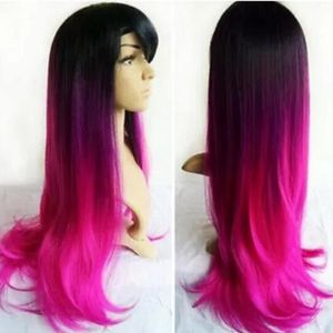 Ladies Ombre 3-Tone Black/Purple/Hot Pink 27" Long Straight Hair Vogue Style Wig