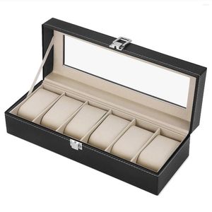 Watch Boxes 6 Slot PU Leather Box Organizer Display Case Holder Men & Women Glass Jewelry Storage Black Gift