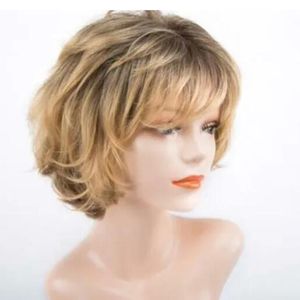 New Style Short Brown Blonde mix Wig Curly Hair With Bangs Heat Safe Full Wigs