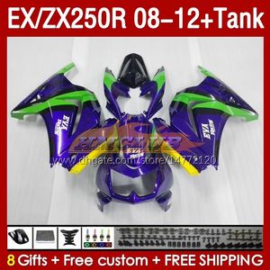 Инъекционная общеизменная танк для Kawasaki Ninja Ex250R ZX250R 2009 2009 2011 2012 2012 ZX250 EX250 R 163NO.114 ZX-250R 08-12 EX ZX 250R 08 09 10 11 12 OEM FARING GREEN Purple