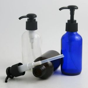 Storage Bottles & Jars 6 X 120ml Large Refillable 4oz Cobalt Blue Dark Amber Clear Glass Bottle With Black Lotion Pump Liquied Container