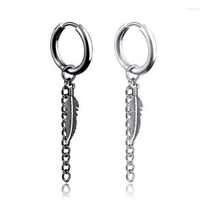 Hoop oorbellen Lange Tassel Feather Form Rond Black Silver Color Clip on Earring for Women Men Men Fashion