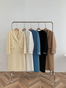 Wełniana koreańska moda z podwójnie piersi, ręcznie robiony płaszcz elegancki, luźna długa kurtka dla kobiet jesienna zima