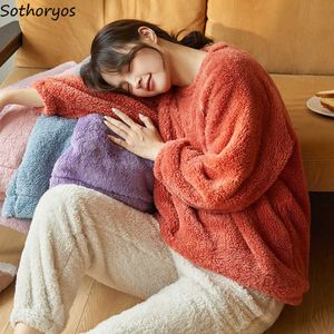 Women's Sleep Lounge Women Pajama Sets Solid Casual Flannel Coral Fleece Winter Warm Homewear Loungewear Two Piece Long Sleeve Soft Cozy Night Suit T221017