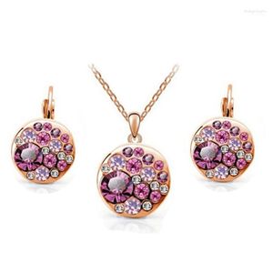 Halskette Ohrringe Set Fräulein Dame 2022 Sommer Schmuck Rose Gold Farbe Blau Und Rosa Große Runde Afrikanische Kostüm Kristall Sets für Frauen