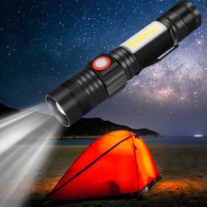 Flashlights Torches USB Rechargeable COB LED Working Light 4 Modes T6 Outdoor Zoomable Led Flashlight Torch Tactical Light L221014