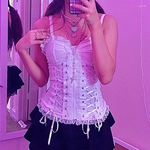 Women's Tanks E-girl Grunge Kawaii Corset Top Zipper White Lace Trim Bandage Slim Fit Cropped Gothic Emo Alt Clothes Women Streetwear