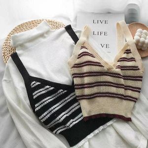 Women's Tanks Women Sexy V-neck Striped Corset Tops Spaghetti Straps Short Outer Wear Knitted Vest For Tank Camis Crop Top