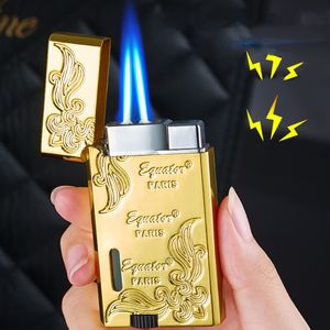 Nya vindtäta cigarettändare Jet Gas Torch Relief Lighter Metal Double Flame Cigar Tändare med ping ljudrökande män gåva