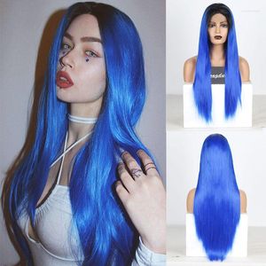Synthetic Wigs RONGDUOYI Black Roots Ombre Blue Hair Lace Front Wig Long Silky Straight For Women Two Tone Cosplay