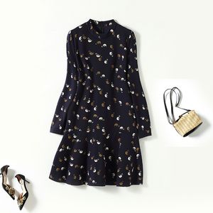2022 Autumn Stand Collar Swans Print Dress Blue Long Sleeve Loose Short Casual Dresses C2S123748