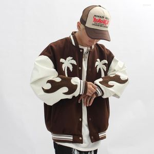 Erkek Ceket Moda Bombacı Ceket Kahverengi Beyzbol Erkek Hip Hop Embroid Kış Varsity Palm Tree Street Giyim