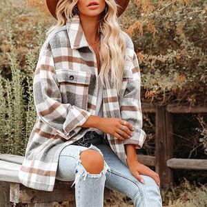 Women's Jackets Autumn Womens Plaid Jacket Long Sleeve Lapel Button-Down Shirts Wool Blend Shacket Coat Casual Tops Outwear With Pocket