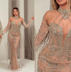 Luxurious Champagne Mermaid Prom Stones Tassles Long Sleeves Party Dresses Sequins Custom Made Evening Dress