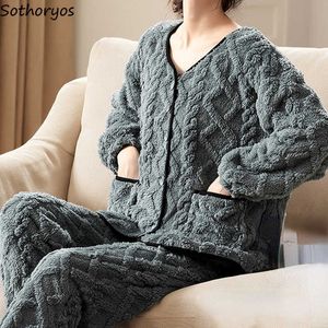 Women's Sleep Lounge Warm Thick Flannel Jacquard Pajama Sets Women V-neck Single Breasted Winter Fluffy Nighty Female Tender Patchwork High Quality T221017