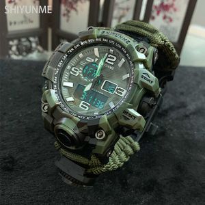 Shiyunme Men zegarek wojskowy 50 metrów Wodoodporne kompas LED Digital Quartz Dual Display Watch Mężczyzna Mężczyzna Masculino G1022